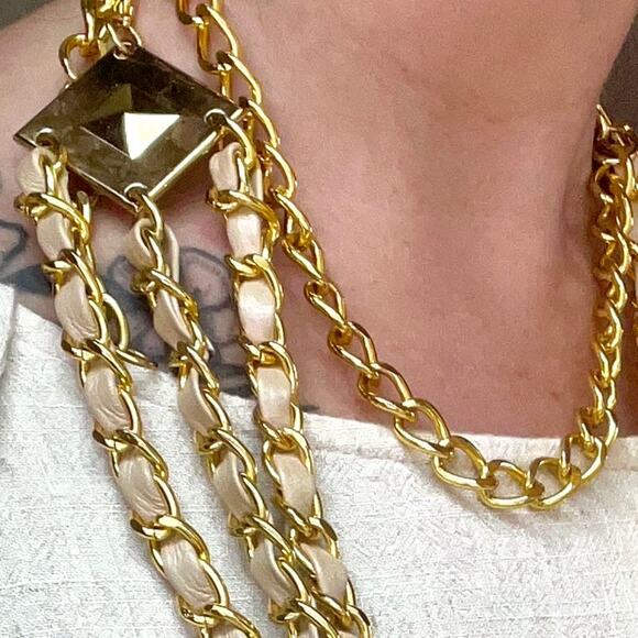 Vintage Gold Chain Belt Leather 3 Strand Convertible Necklace Pyramid Stud 80s main image 8